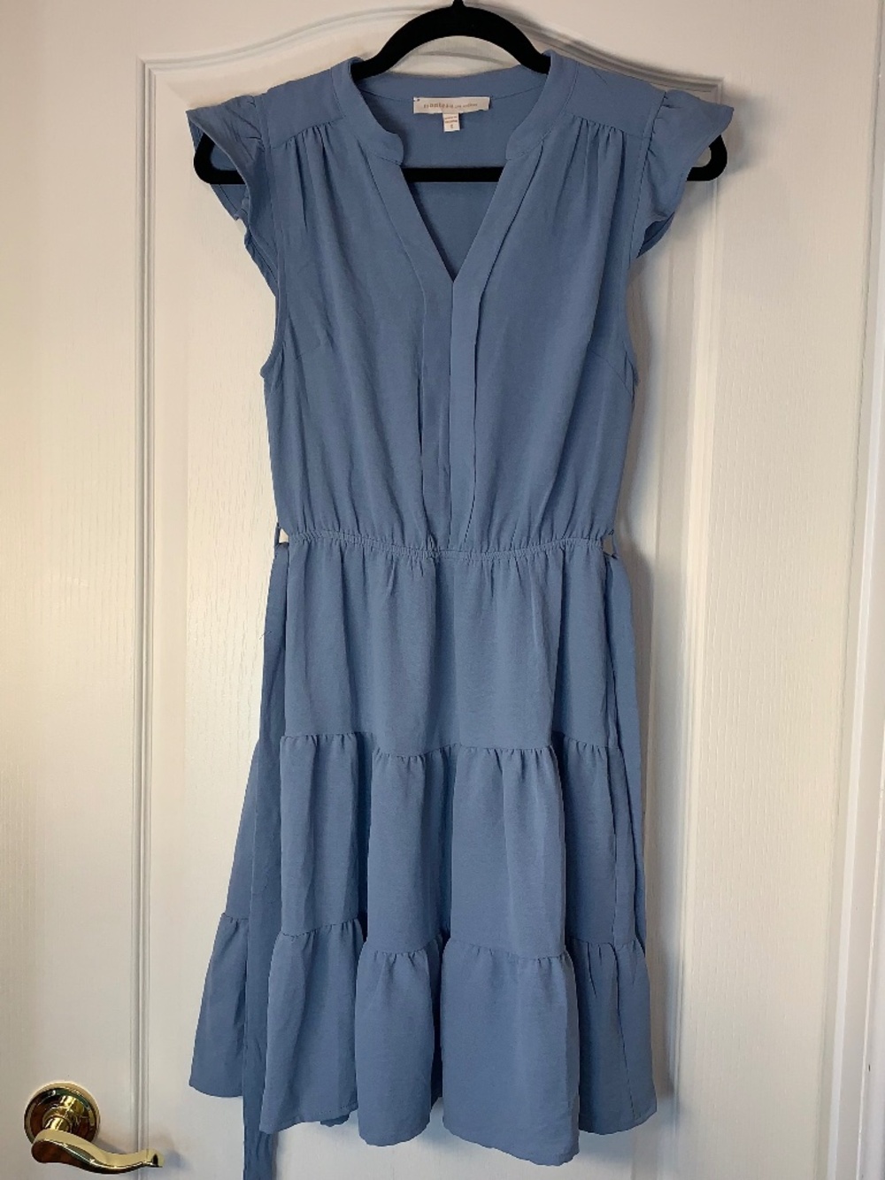 Monteau Los Angeles Blue Tiered Dress Flutter Sleeve Belted Soft Feminine Size S